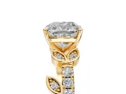 Leaf Motif Engagement Ring Setting for Cushion Cut Center with Pave Band and Prong Head in Yellow Gold