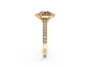 Halo Engagement Ring Setting for Fancy Pink Round Cut Center with Milgrain Pave Band and Bezel Head in Yellow Gold