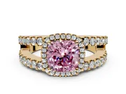 Halo Engagement Ring Setting for Fancy Pink Cushion Cut Center with Wide-Open Pave Split Shank and Prong Head in Yellow Gold