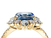 Floral Halo Engagement Ring Setting for Fancy Blue Asscher Cut Center with Pave Accents and Prong Head in Yellow Gold