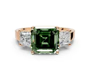 3 Stone Engagement Ring Setting for Fancy Green Asscher Cut Center with Matching Side Accents and Prong Head in Rose Gold