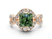 Halo Engagement Ring Setting for Fancy Green Princess Cut Center with Pave Infinity Twist Band and Prong Head in Rose Gold