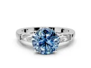 3 Stone Engagement Ring Setting for Fancy Blue Round Cut Center with Tapered Baguettes, Plain Band and Prong Head in Sterling Silver