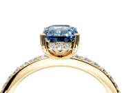 Solitaire Engagement Ring Setting for Fancy Blue Emerald Cut Center with Fine Pave Band and Prong Head in Yellow Gold