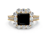 Halo Engagement Ring Setting for Fancy Black Princess Cut Center with Milgrain Channel Band and Prong Head in Yellow Gold