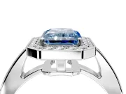 Bezel-Framed Halo Engagement Ring Setting for Fancy Blue Radiant Cut Center with Pave Band and Prong Head in White Gold