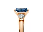 3 Stone Engagement Ring Setting for Fancy Blue Emerald Cut Center with Wide Plain Band and Prong Head in Rose Gold