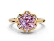 Floral Frame Engagement Ring Setting for Fancy Pink Round Cut Center with Accent Clusters and Prong Head in Yellow Gold
