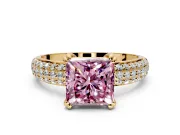 Solitaire Engagement Ring Setting for Fancy Pink Princess Cut Center with Multi-Row Pave Accents and Basket Head in Yellow Gold