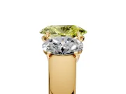 3 Stone Engagement Ring Setting for Fancy Yellow Oval Center with Raised Basket Heads and Prong Head in Yellow Gold