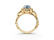 Halo Engagement Ring Setting for Fancy Blue Oval Center with Open Scroll Shoulders and Prong Head in Yellow Gold