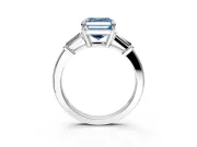 3 Stone Engagement Ring Setting for Fancy Blue Asscher Cut Center with Baguette Accents and Prong Head in Platinum