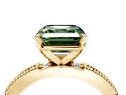 Solitaire Engagement Ring Setting for Fancy Green Asscher Cut Center with Milgrain-Edged Pave Band and Prong Head in Yellow Gold