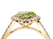 Halo Engagement Ring Setting for Fancy Yellow Heart-Shaped Center with Raised Halo, Pave Band and Prong Head in Yellow Gold
