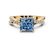 Solitaire Engagement Ring Setting for Fancy Blue Princess Cut Center with Half-Pave Crossover Band and Prong Head in Yellow Gold