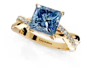 Crossover Engagement Ring Setting for Fancy Blue Princess Cut Center with Pave and Plain Strands and Prong Head in Yellow Gold
