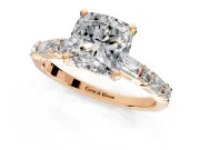 Baguette Engagement Ring Setting for Cushion Cut Center with Alternating Bar-Set Band and Prong Head in Rose Gold