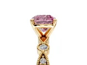 Solitaire Engagement Ring Setting for Fancy Pink Cushion Cut Center with Milgrain Bezel Accents and Prong Head in Yellow Gold