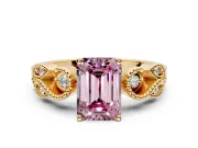 Leaf Engagement Ring Setting for Fancy Pink Emerald Cut Center with Milgrain Accent Band and Prong Head in Yellow Gold