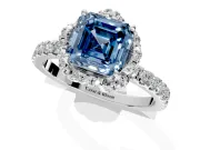 Floral Halo Engagement Ring Setting for Fancy Blue Asscher Cut Center with Pave Band and Prong Head in Sterling Silver