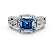 Halo Engagement Ring Setting for Fancy Blue Asscher Cut Center with Wide Band, Inlaid Accent Row and Prong Head in Sterling Silver