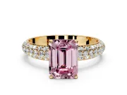 Solitaire Engagement Ring Setting for Fancy Pink Emerald Cut Center with Domed Multi-Row Pave Band and Prong Head in Yellow Gold