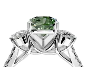 3 Stone Engagement Ring Setting for Fancy Green Cushion Cut Center with Crossover Basket, Pave Band and Prong Head in White Gold