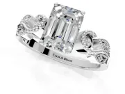 Leaf Engagement Ring Setting for Emerald Cut Center with Milgrain Accent Band and Prong Head in Platinum