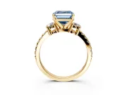 3 Stone Engagement Ring Setting for Fancy Blue Asscher Cut Center with Round Cut Side Accents and Prong Head in Yellow Gold