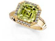 Halo Engagement Ring Setting for Fancy Yellow Asscher Cut Center with Knife Ridge Cathedral Band and Prong Head in Yellow Gold