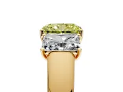 3 Stone Engagement Ring Setting for Fancy Yellow Radiant Cut Center with Raised Basket Heads and Prong Head in Yellow Gold