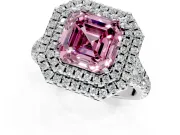 Double Halo Engagement Ring Setting for Fancy Pink Asscher Cut Center with Narrow Pave Split Shank and Prong Head in Platinum