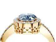Halo Engagement Ring Setting for Fancy Blue Oval Center with Heart-Shaped Openwork, Pave Band and Prong Head in Yellow Gold