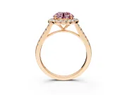 Halo Engagement Ring Setting for Fancy Pink Round Cut Center with Narrowing Pave Band and Prong Head in Rose Gold