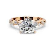 Cluster Engagement Ring Setting for Heart-Shaped Center with Round Cut Accent Band and Prong Head in Rose Gold