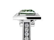 Halo Engagement Ring Setting for Fancy Green Princess Cut Center with Outer Bezel Rim, Pave Band and Prong Head in Platinum