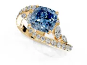 Solitaire Engagement Ring Setting for Fancy Blue Cushion Cut Center with Pave Bypass Twist Band and Prong Head in Yellow Gold
