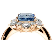 Small-Accent Cluster Halo Engagement Ring Setting for Fancy Blue Princess Cut Center with Plain Band and Prong Head in Rose Gold