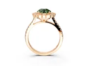 Milgrain Floral Halo Engagement Ring Setting for Fancy Green Round Cut Center with Pave Band and Prong Head in Rose Gold