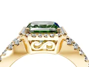 Halo Engagement Ring Setting for Fancy Green Asscher Cut Center with Wide-Open Pave Split Shank and Prong Head in Yellow Gold