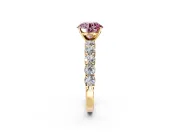 Shared-Prong Engagement Ring Setting for Fancy Pink Round Cut Center with Graduated Accents and Prong Head in Yellow Gold