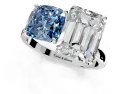 Fancy Blue Cushion Cut and Emerald Cut Lab-Grown Diamond Toi et Moi Engagement Ring with Prong-Set Stones in Sterling Silver