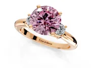 3 Stone Engagement Ring Setting for Fancy Pink Round Cut Center with Wide Plain Band and Prong Head in Rose Gold