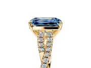 Solitaire Engagement Ring Setting for Fancy Blue Emerald Cut Center with Twisted Pave Split Shank and Prong Head in Yellow Gold