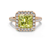 Halo Engagement Ring Setting for Fancy Yellow Princess Cut Center with Raised Halo, Pave Band and Prong Head in Rose Gold