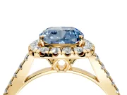 Halo Engagement Ring Setting for Fancy Blue Cushion Cut Center with Raised Halo, Pave Band and Prong Head in Yellow Gold