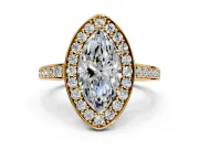 Bezel-Framed Halo Engagement Ring Setting for Marquise Center with Pave Band and Prong Head in Yellow Gold