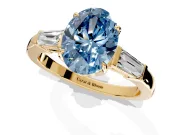 3 Stone Engagement Ring Setting for Fancy Blue Oval Center with Baguette Accents and Prong Head in Yellow Gold