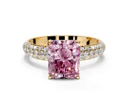 Solitaire Engagement Ring Setting for Fancy Pink Radiant Cut Center with Domed Multi-Row Pave Band and Prong Head in Yellow Gold