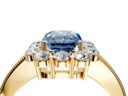 Halo Engagement Ring Setting for Fancy Blue Radiant Cut Center with Milgrain Channel Band and Prong Head in Yellow Gold